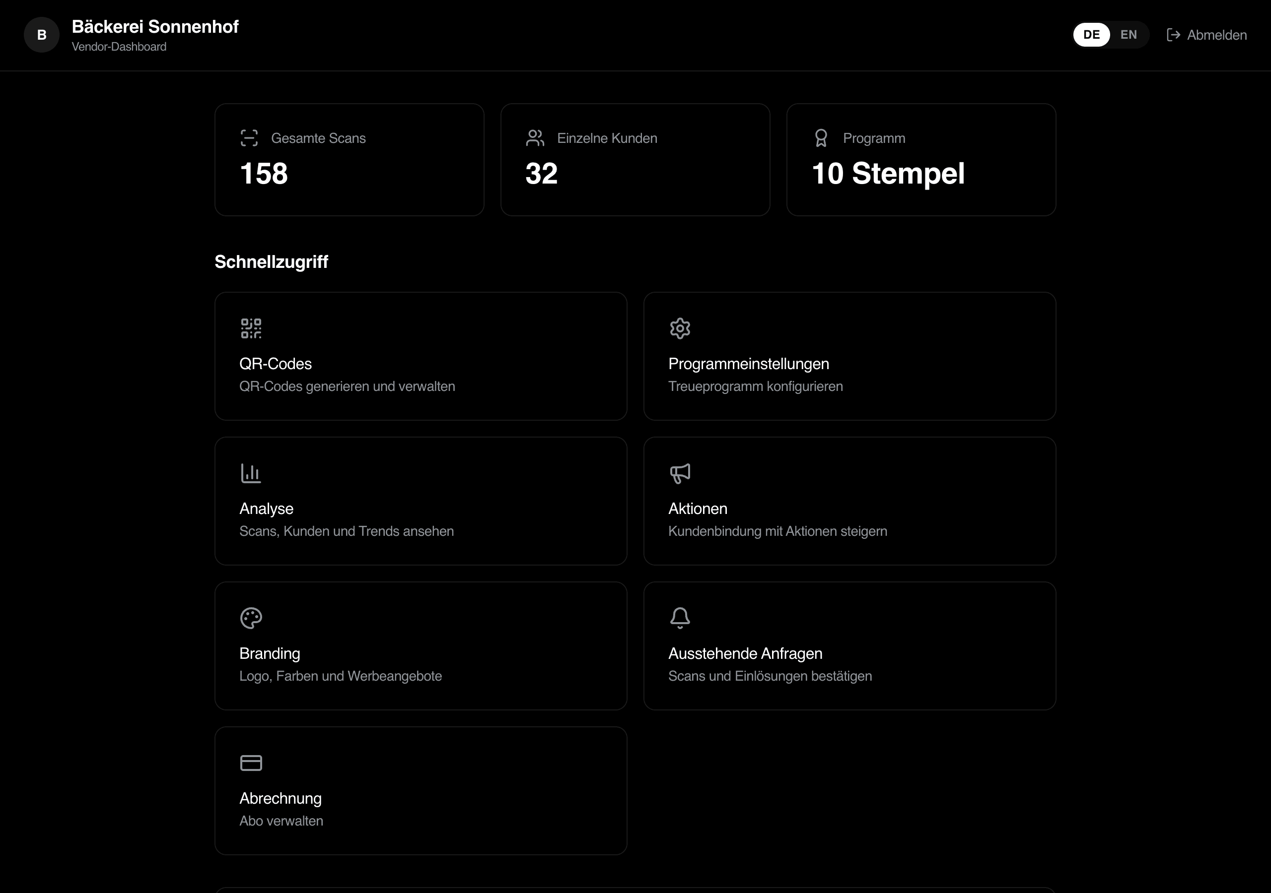 Vendor dashboard with scan totals and quick actions