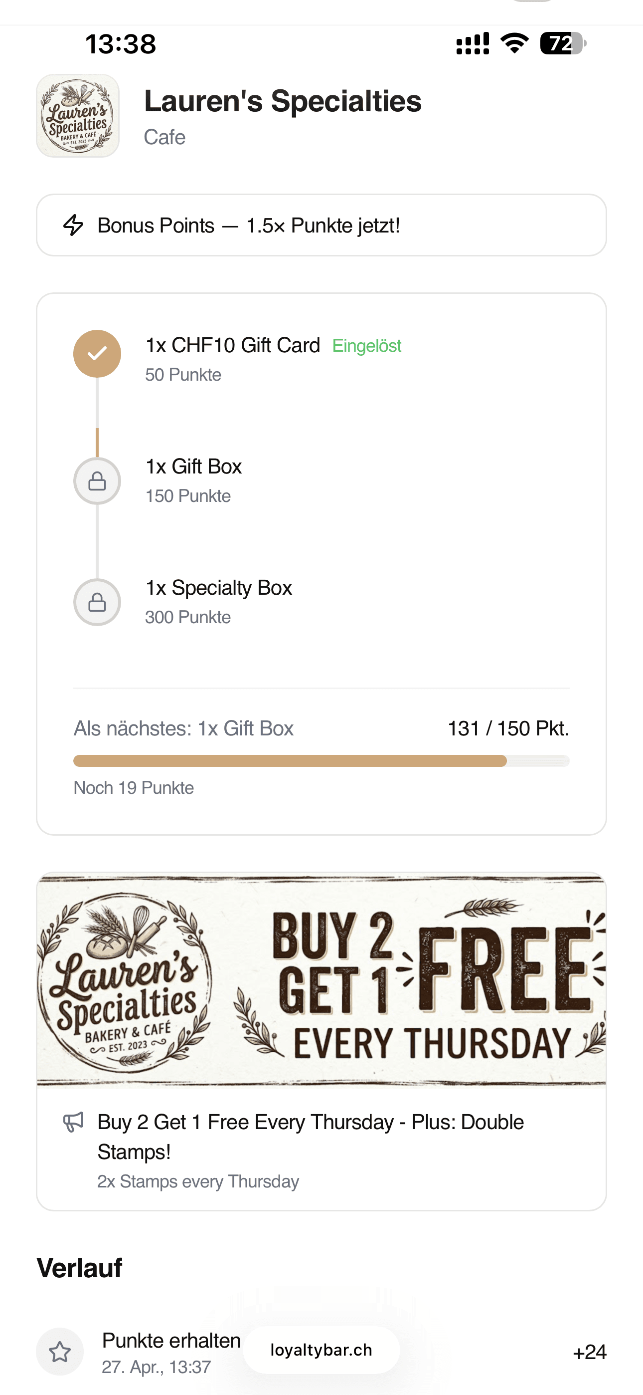 Customer view: Lauren's Specialties points card with reward tiers and active campaign